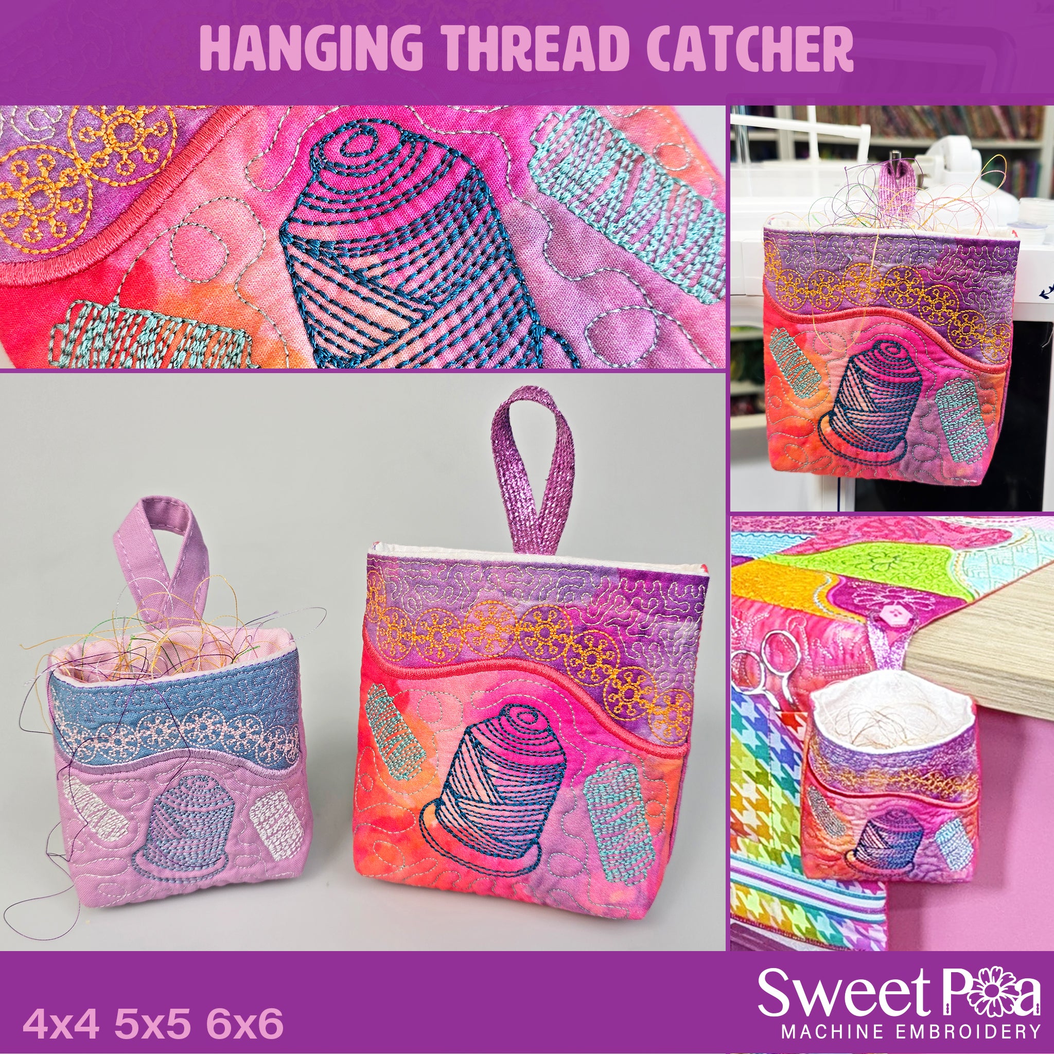 A collage showing a machine-embroidered hanging thread catcher bag in multiple sizes and colors, with close-up embroidery details, made by Sweet Pea Machine Embroidery.