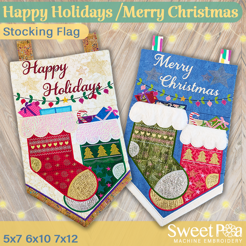 Happy Holidays or Merry Christmas Stocking Flag