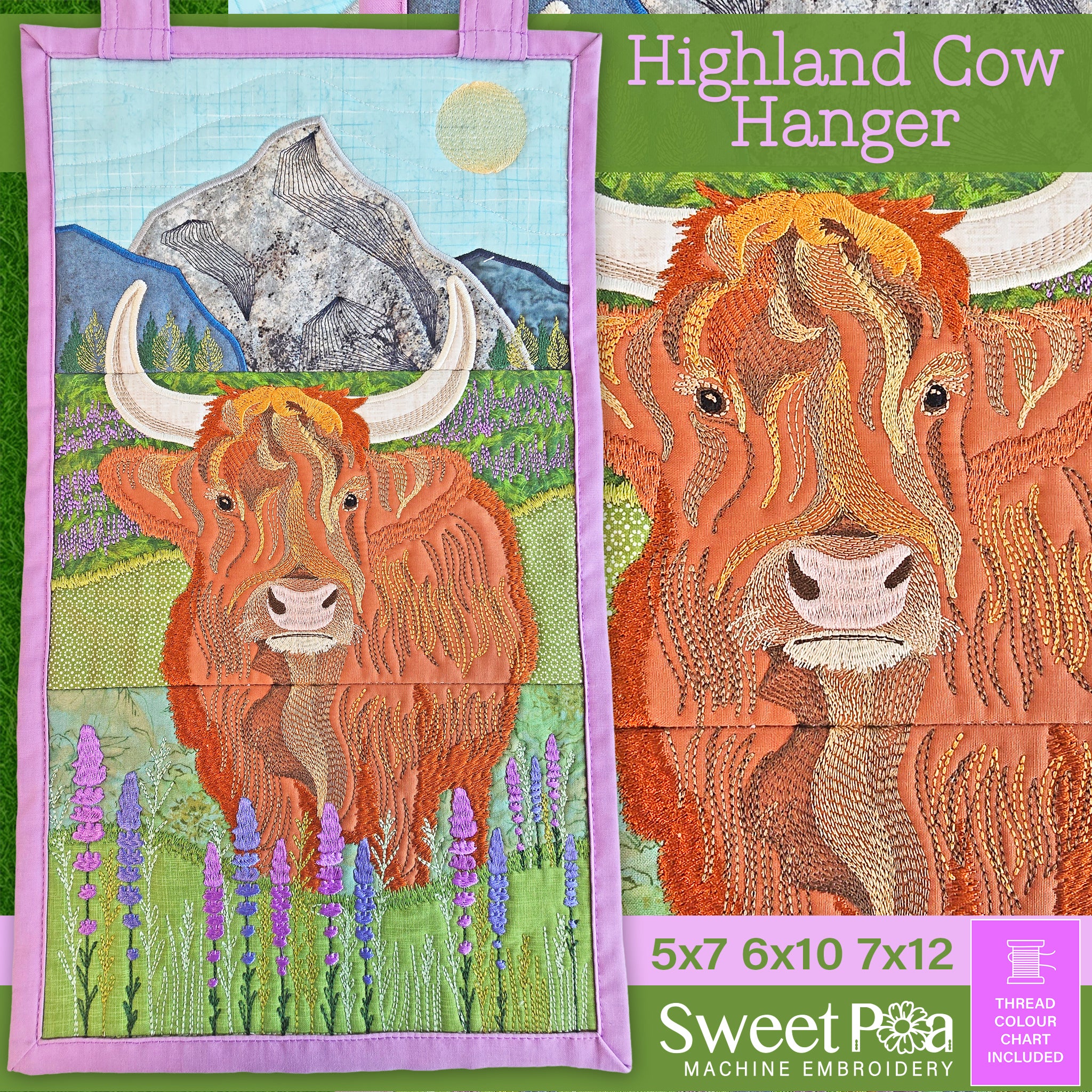 An ITH wall hanger featuring an embroidered Highland cow with mountains and wildflowers, designed by Sweet Pea Machine Embroidery.
