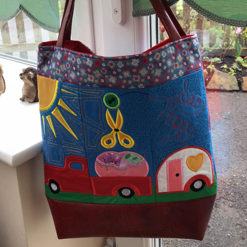 Sew Happy Tote Bag 4x4 5x5 6x6 - Sweet Pea In The Hoop Machine Embroidery Design