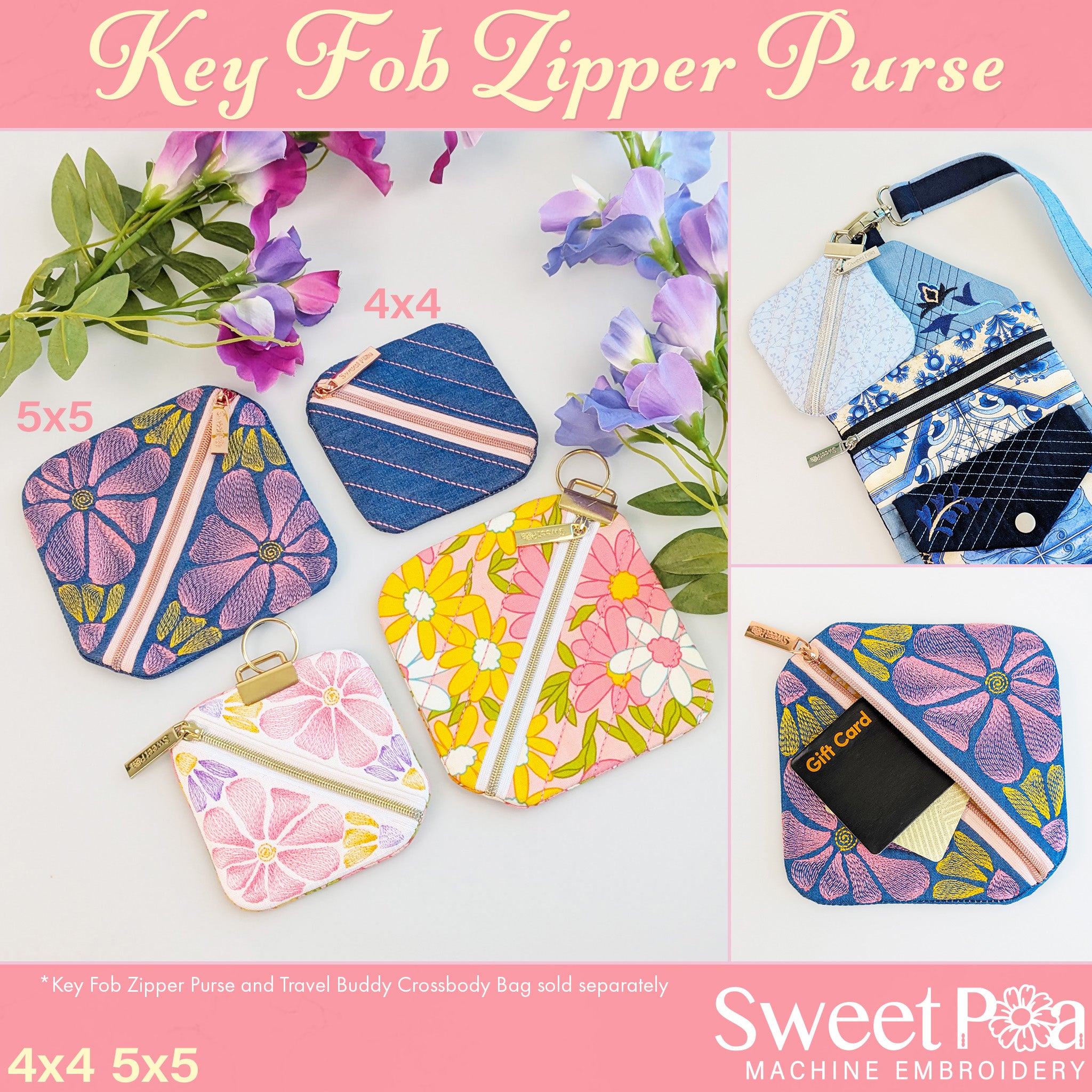 Key Fob Zipper Purse In the hoop machine embroidery designs