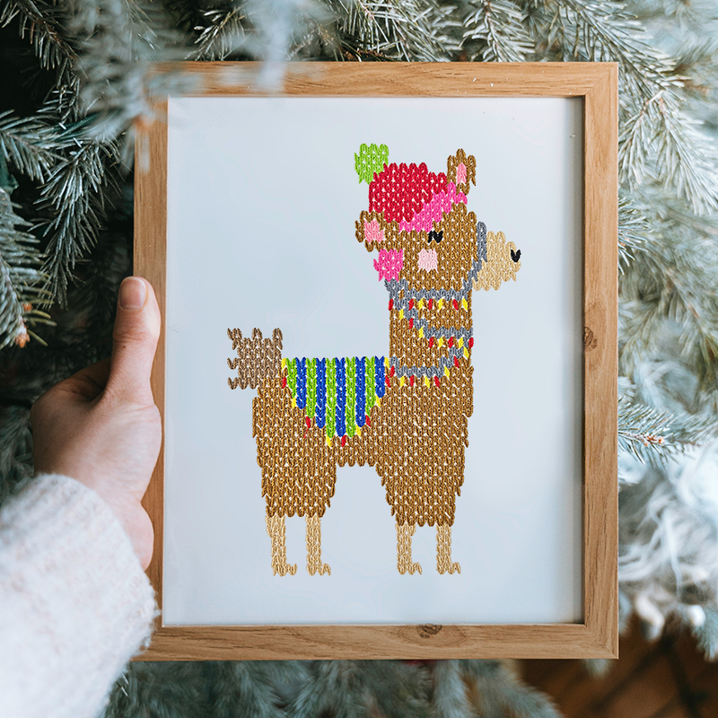 Knitted Christmas Llama Embroidery framed