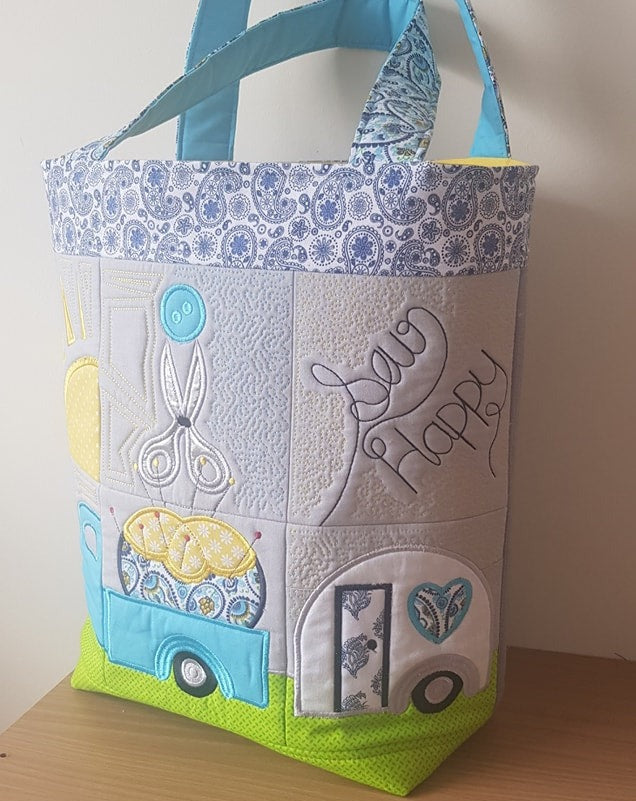 Sew Happy Tote Bag 4x4 5x5 6x6 - Sweet Pea In The Hoop Machine Embroidery Design