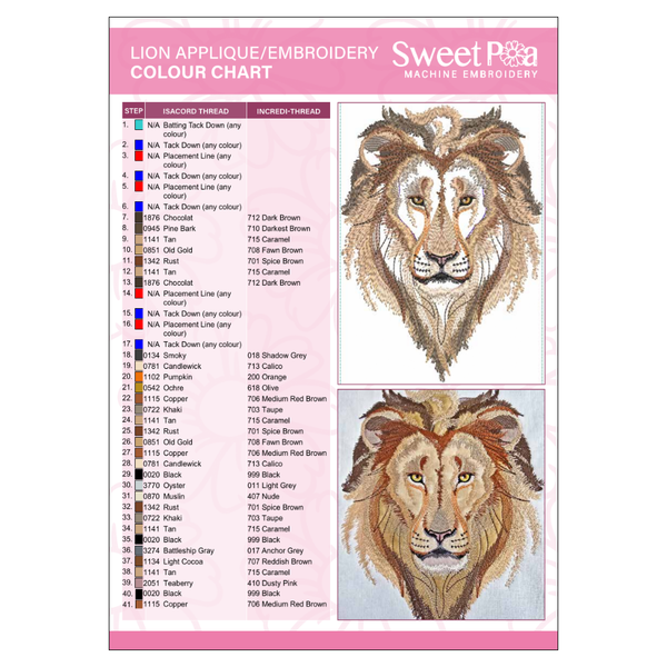 Lion Applique Colour Chart