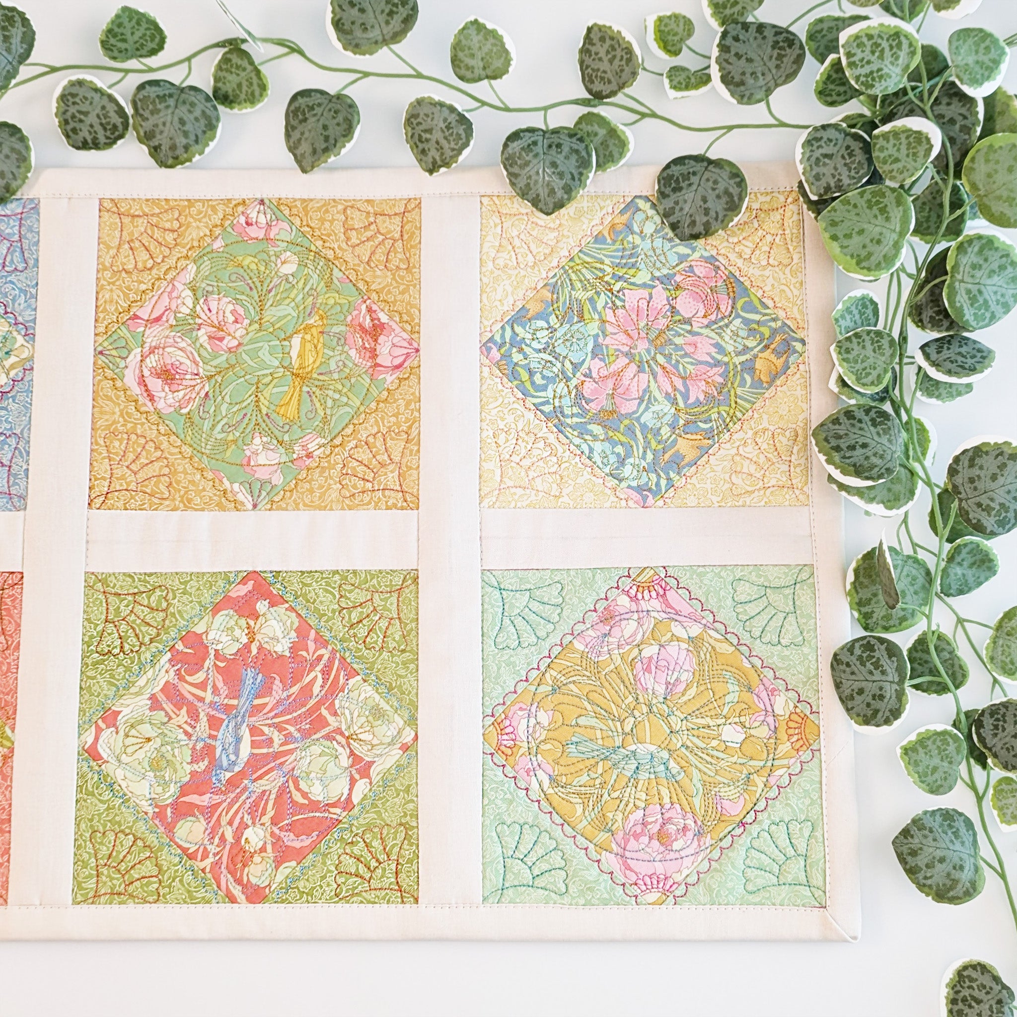 Mandala Quilt As You Go In the hoop machine embroidery design with tilda fabric close up