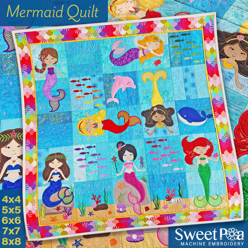 Mermaid Quilt 4x4 5x5 6x6 7x7 8x8 - Sweet Pea In The Hoop Machine Embroidery Design