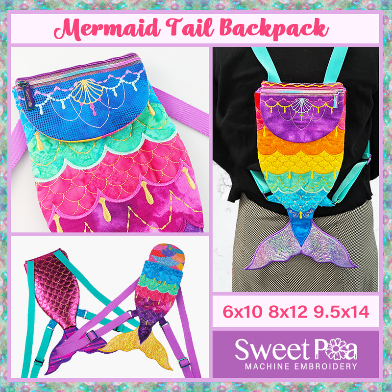 Mermaid Tail Backpack 6x10 8x12 9.5x14 - Sweet Pea In The Hoop Machine Embroidery Design