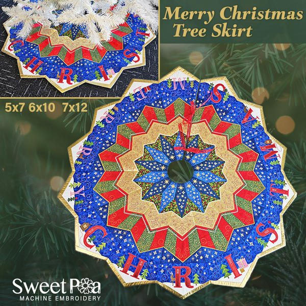 Merry Christmas Tree Skirt 5x7 6x10 7x12 - Sweet Pea In The Hoop Machine Embroidery Design