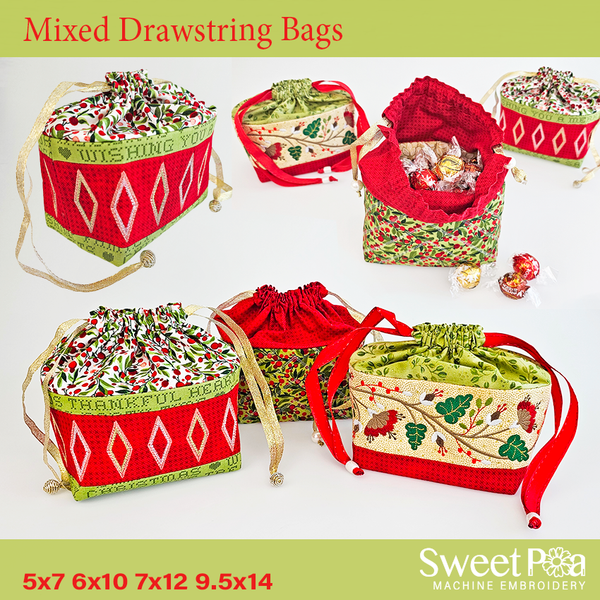 Mixed Drawstring Bags 5x7 6x10 7x12 9.5x14 - Sweet Pea In The Hoop Machine Embroidery Design