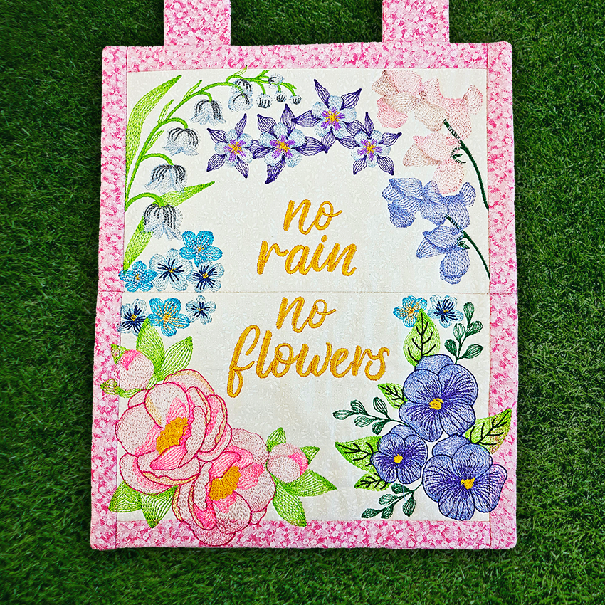 No rain no flowers, flowers, floral, flower, decor, home, in the hoop, embroidery, sweet pea