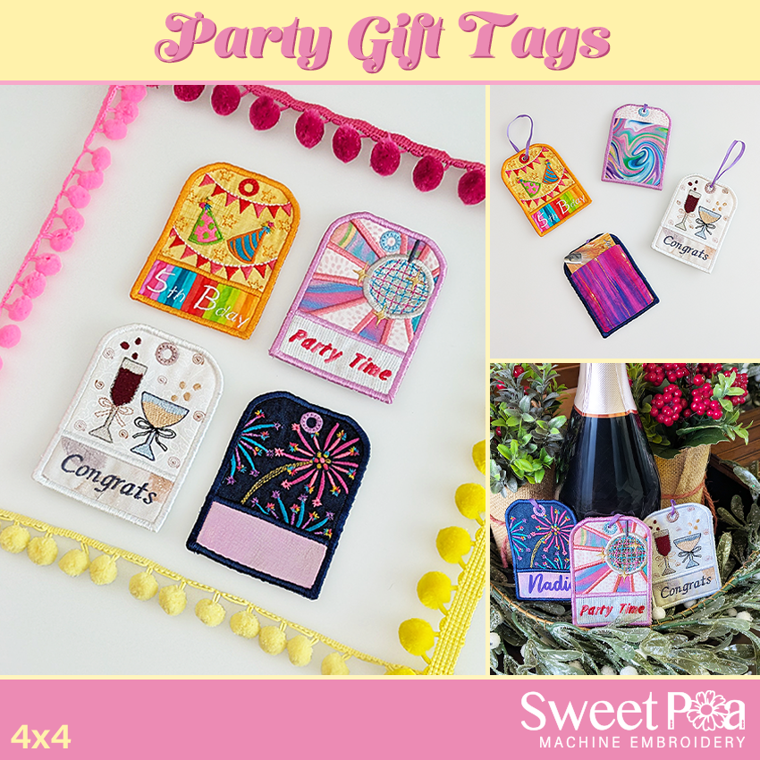 Colorful party gift tags with decorative elements on a white background, featuring the brand 'Sweet Pea Machine Embroidery'.