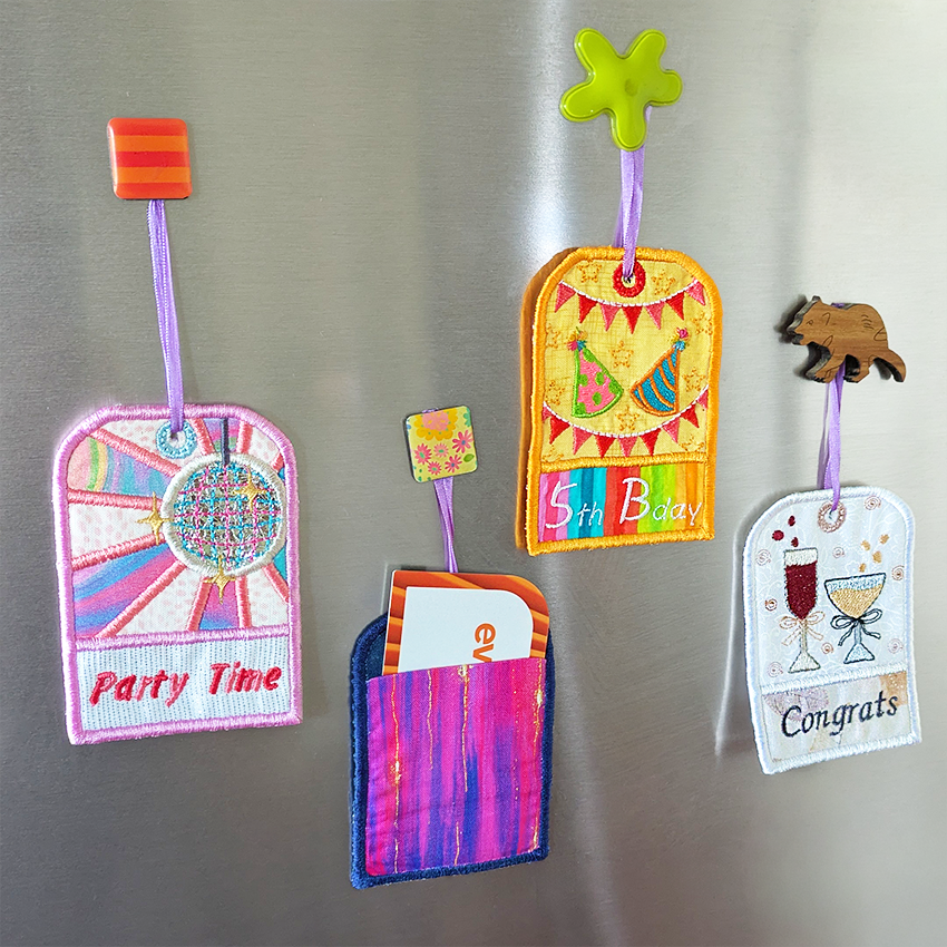 party gift tags ith design styled on fridge