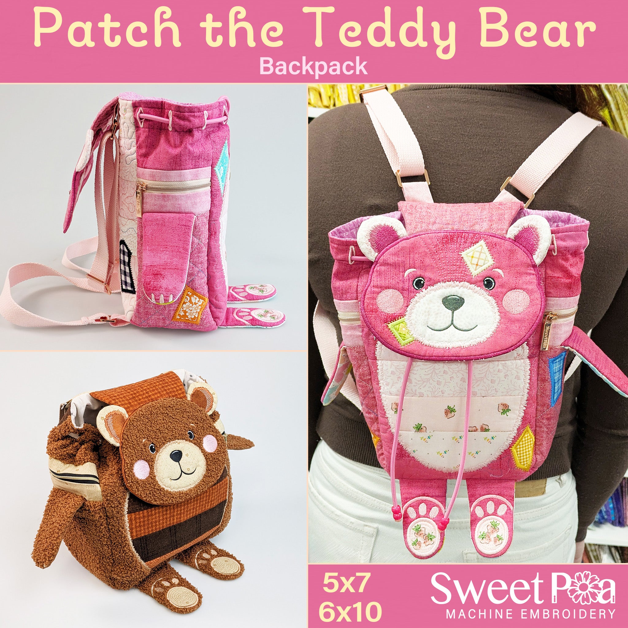 Patch the Teddy Bear Backpack In the hoop machine embroidery designs