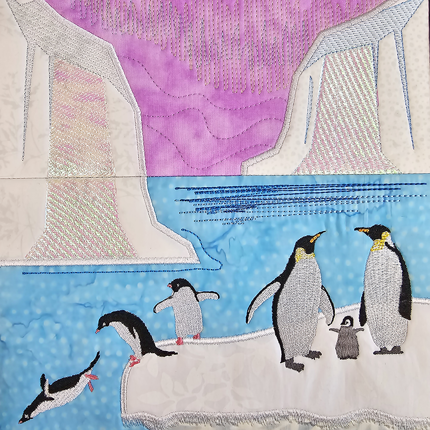 Penguin Scene Hanger machine embroidery design close up 2