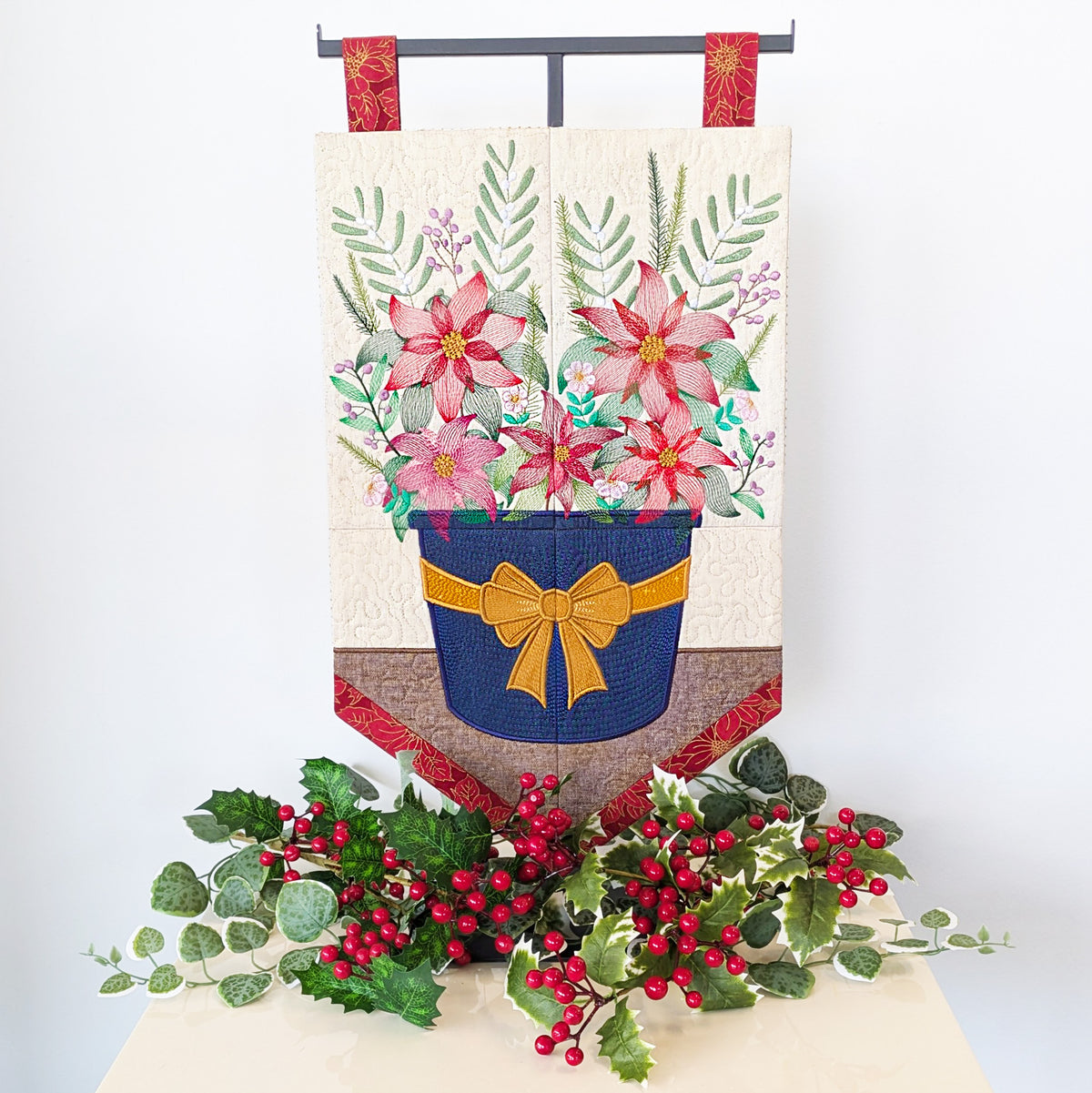 Poinsettia Potted Plant Hanger In the hoop machine embroidery designs