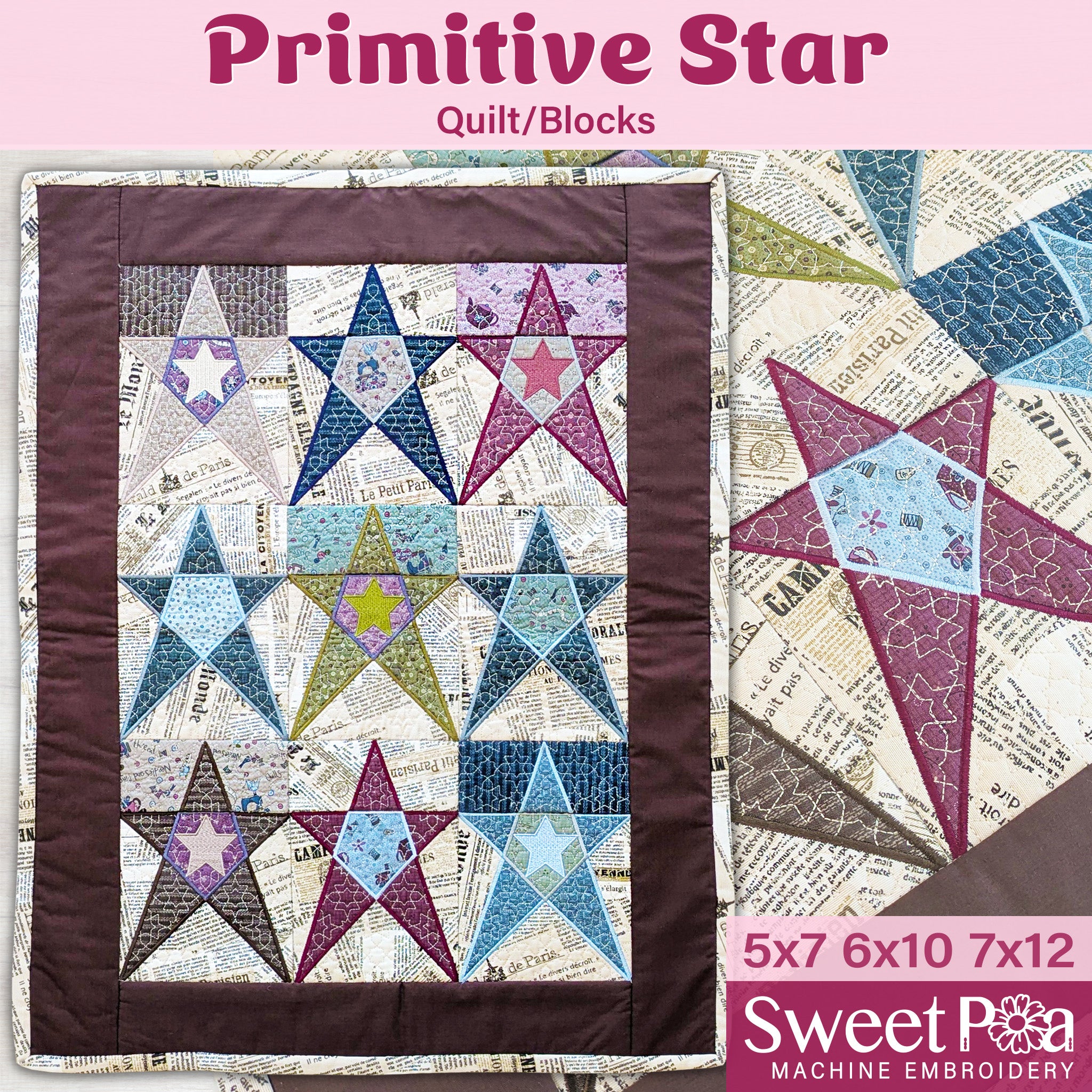 Primitive Star Blocks and Quilt 5x7 6x10 7x12 In the hoop machine embroidery designs