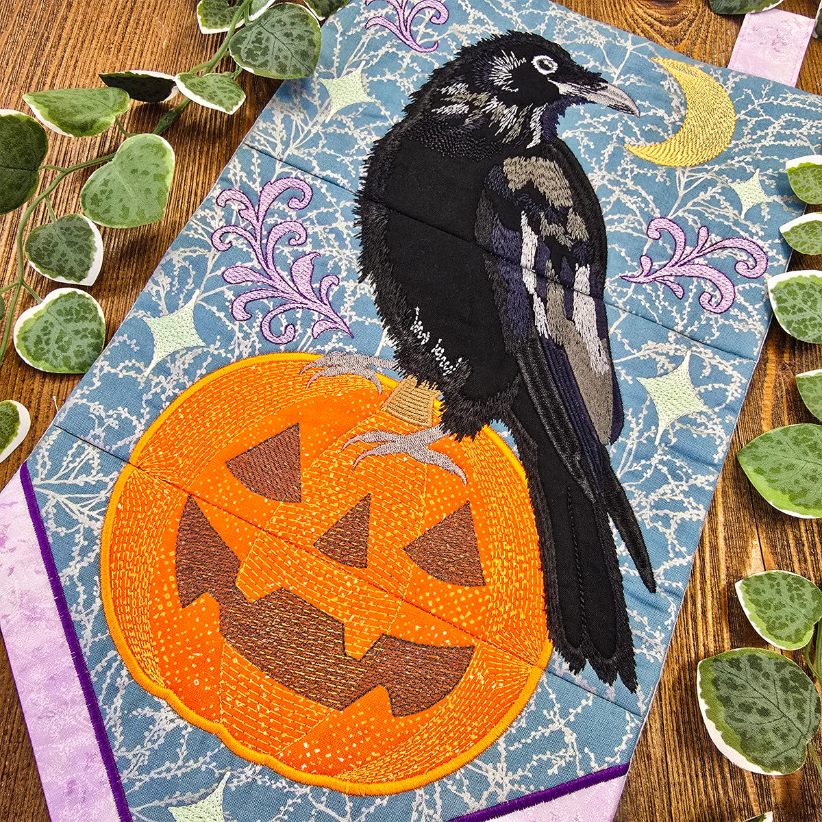 Raven and Pumpkin Hanger In the hoop machine embroidery designs