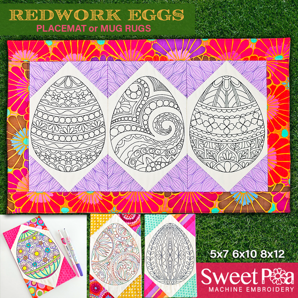 Redwork Eggs Placemat or Mug Rugs 5x7 6x10 8x12 - Sweet Pea In The Hoop Machine Embroidery Design