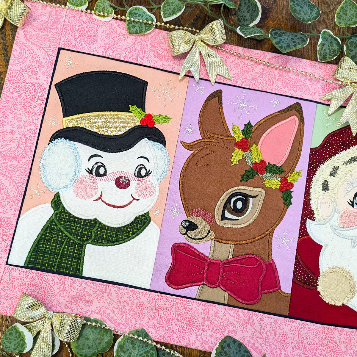 Retro Christmas Characters Table Runner In the hoop machine embroidery designs