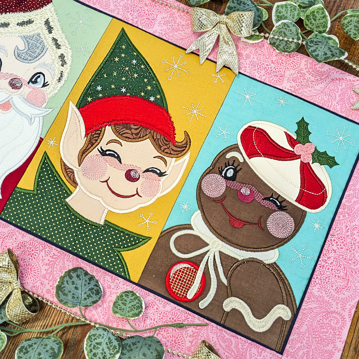 Retro Christmas Characters Table Runner In the hoop machine embroidery designs