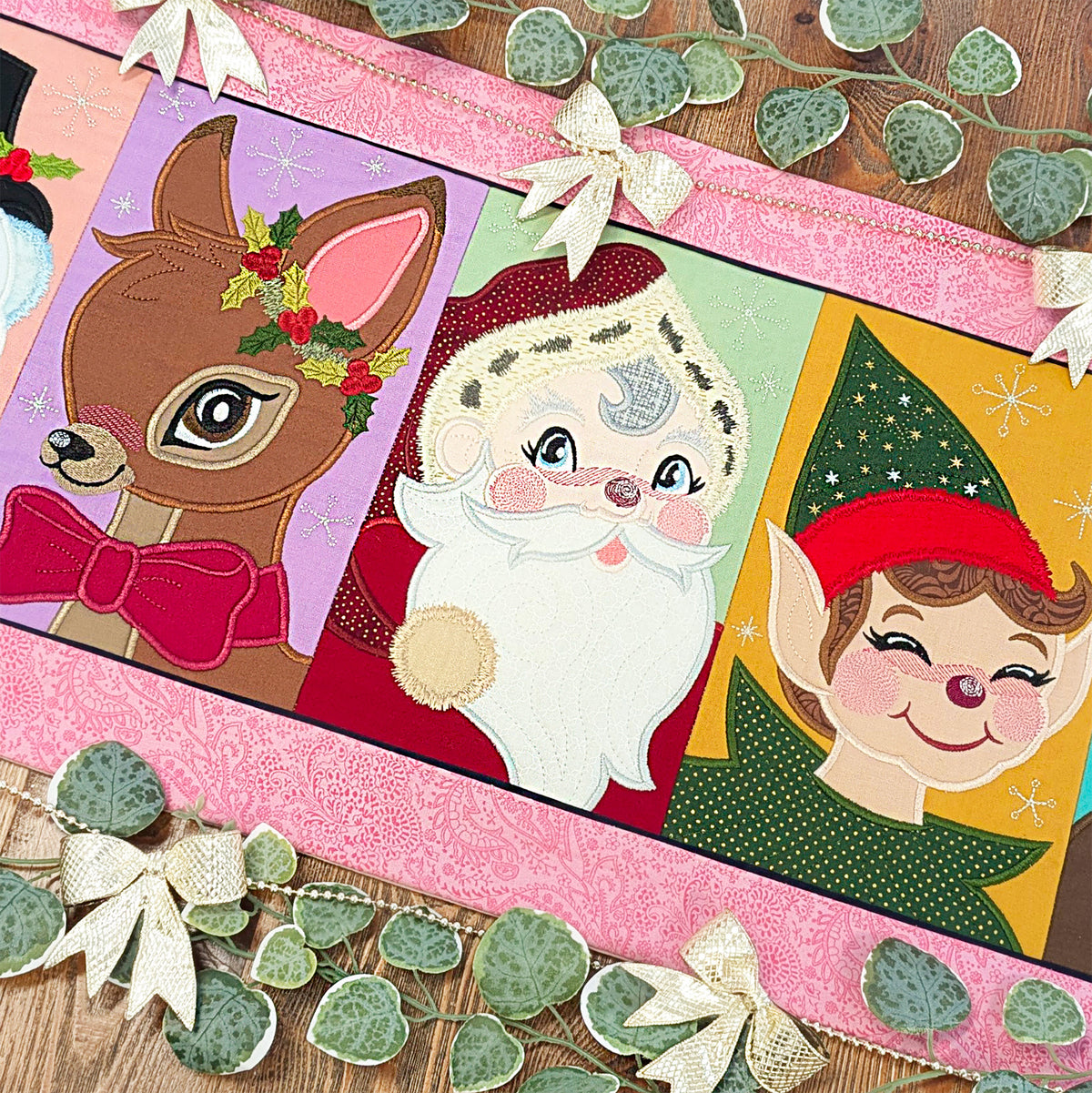 Retro Christmas Characters Table Runner In the hoop machine embroidery designs