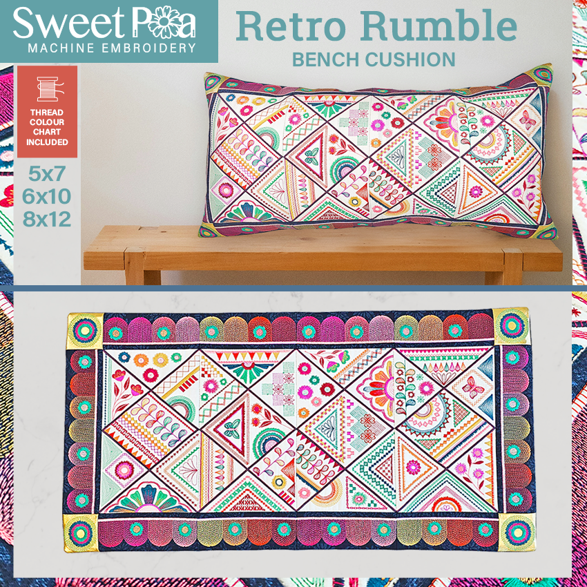 Retro Rumble Bench Cushion In the hoop machine embroidery designs
