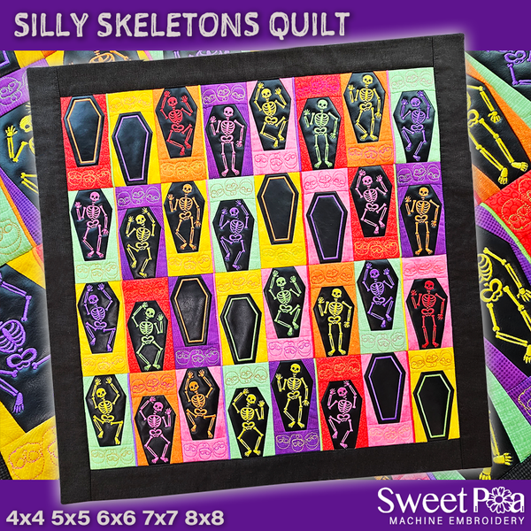 Silly Skeletons Quilt 4x4 5x5 6x6 7x7 8x8 - Sweet Pea In The Hoop Machine Embroidery Design