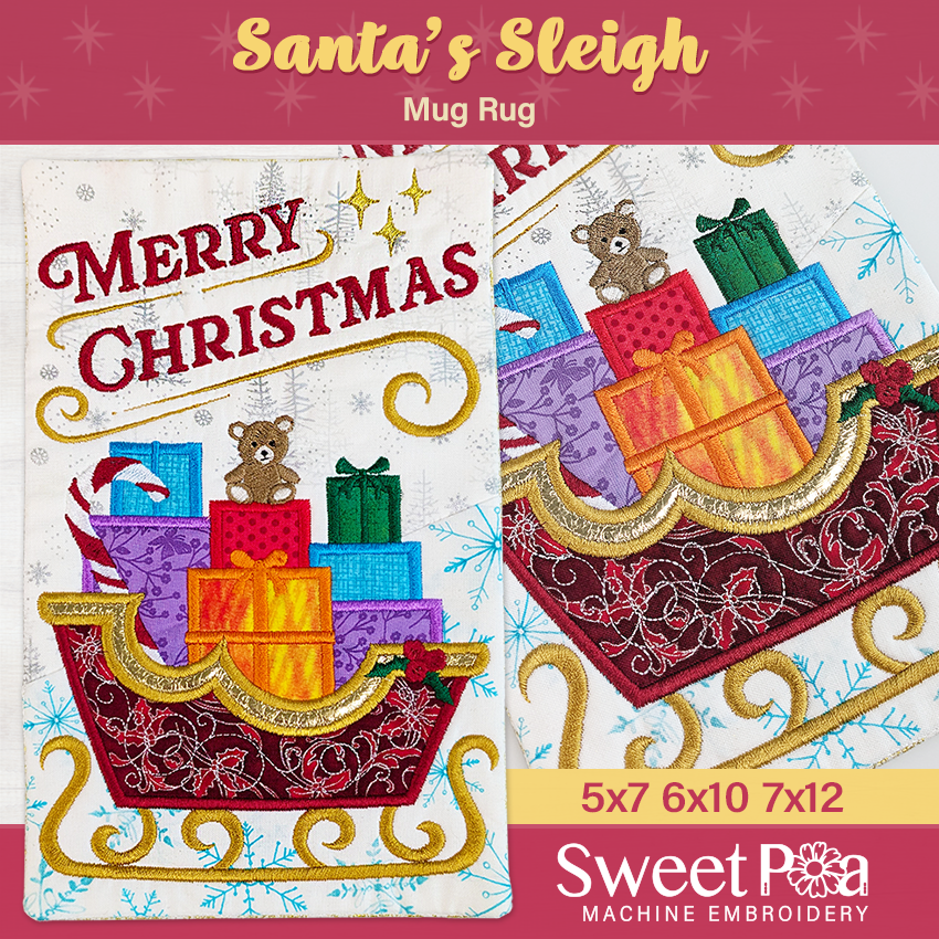 Mug rug design with Santa's sleigh, presents, and 'Merry Christmas' text by Sweet Pea Machine Embroidery