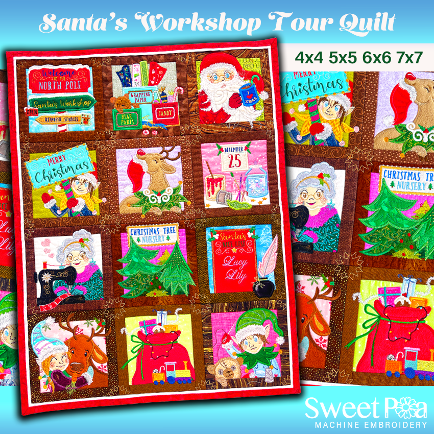 BOW Santa's Workshop Tour Quilt - Bulk Pack In the hoop machine embroidery designs