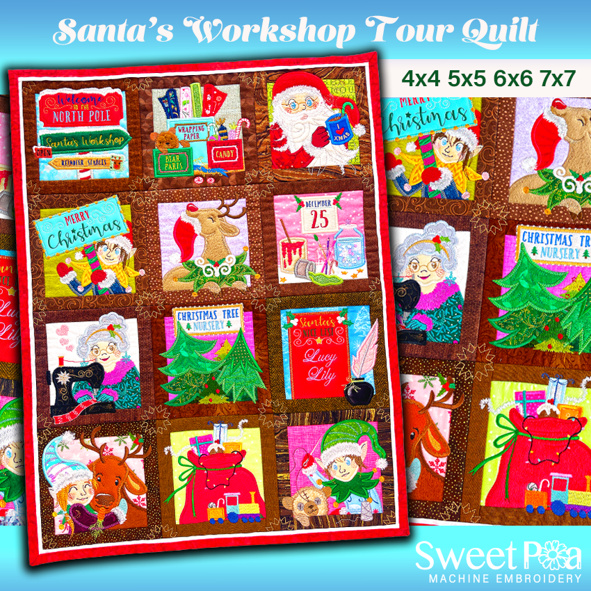 BOW Santa's Workshop Tour Quilt - Bulk Pack - Sweet Pea In The Hoop Machine Embroidery Design