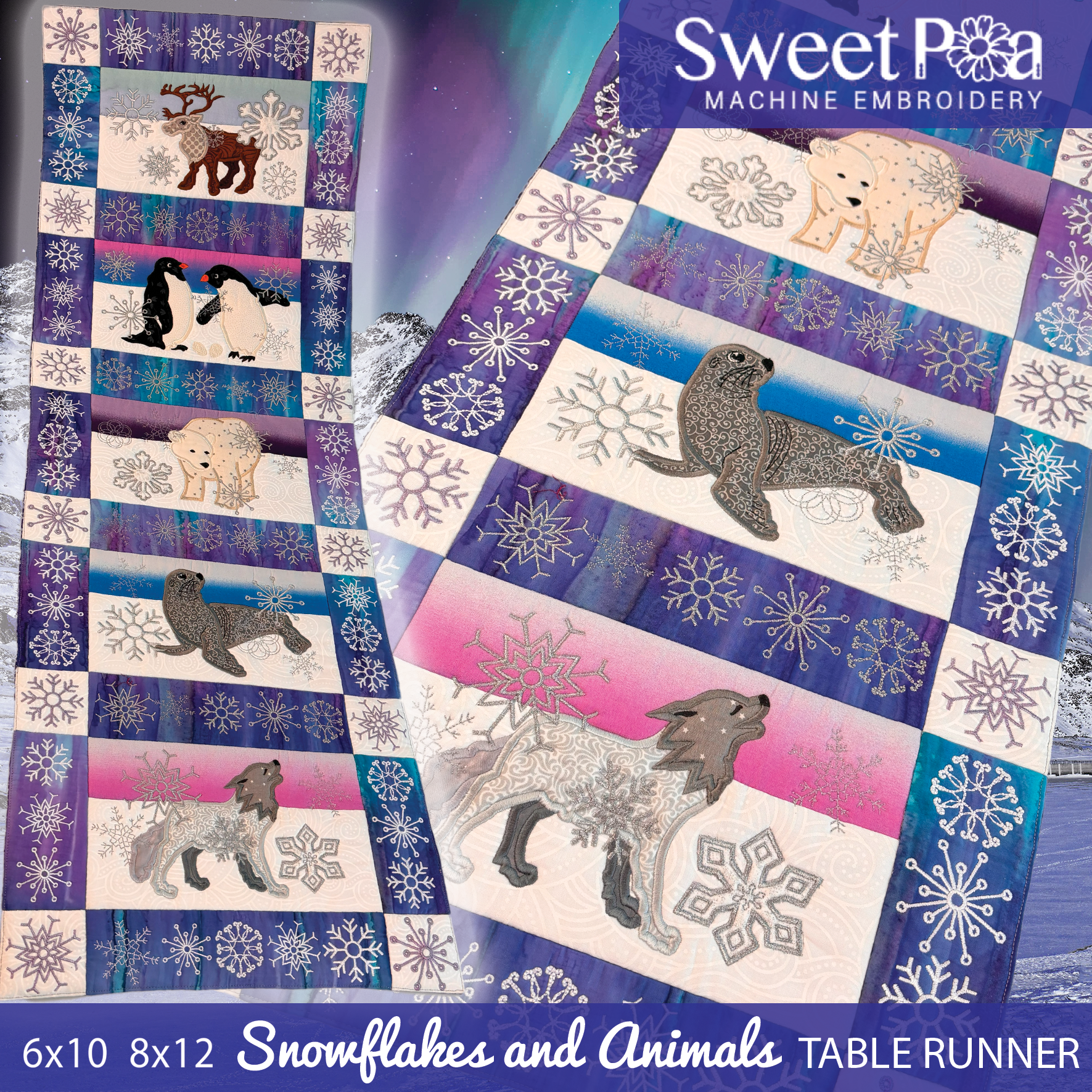 Snowflakes and Animals Quilt Block and Table Runner 6x10 8x12