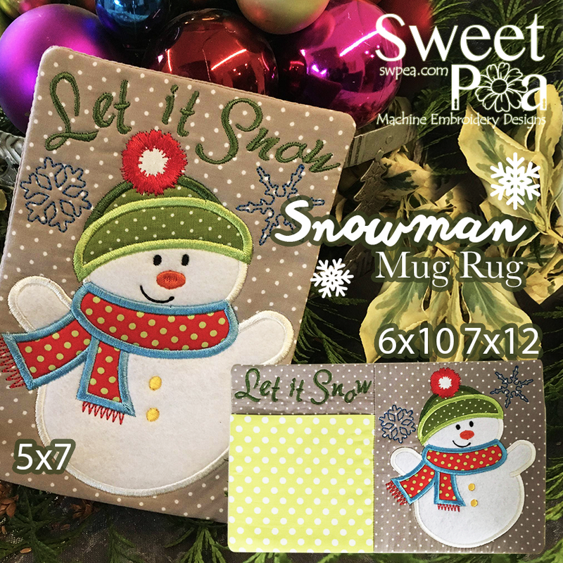 Snowman Mug Rug Set 5x7 6x10 and 7x12 - Sweet Pea In The Hoop Machine Embroidery Design