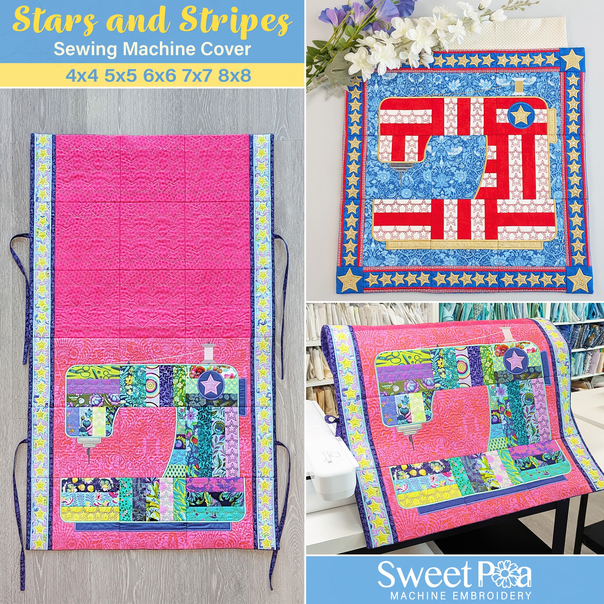Stars and Stripes Sewing Machine Cover In the hoop machine embroidery designs