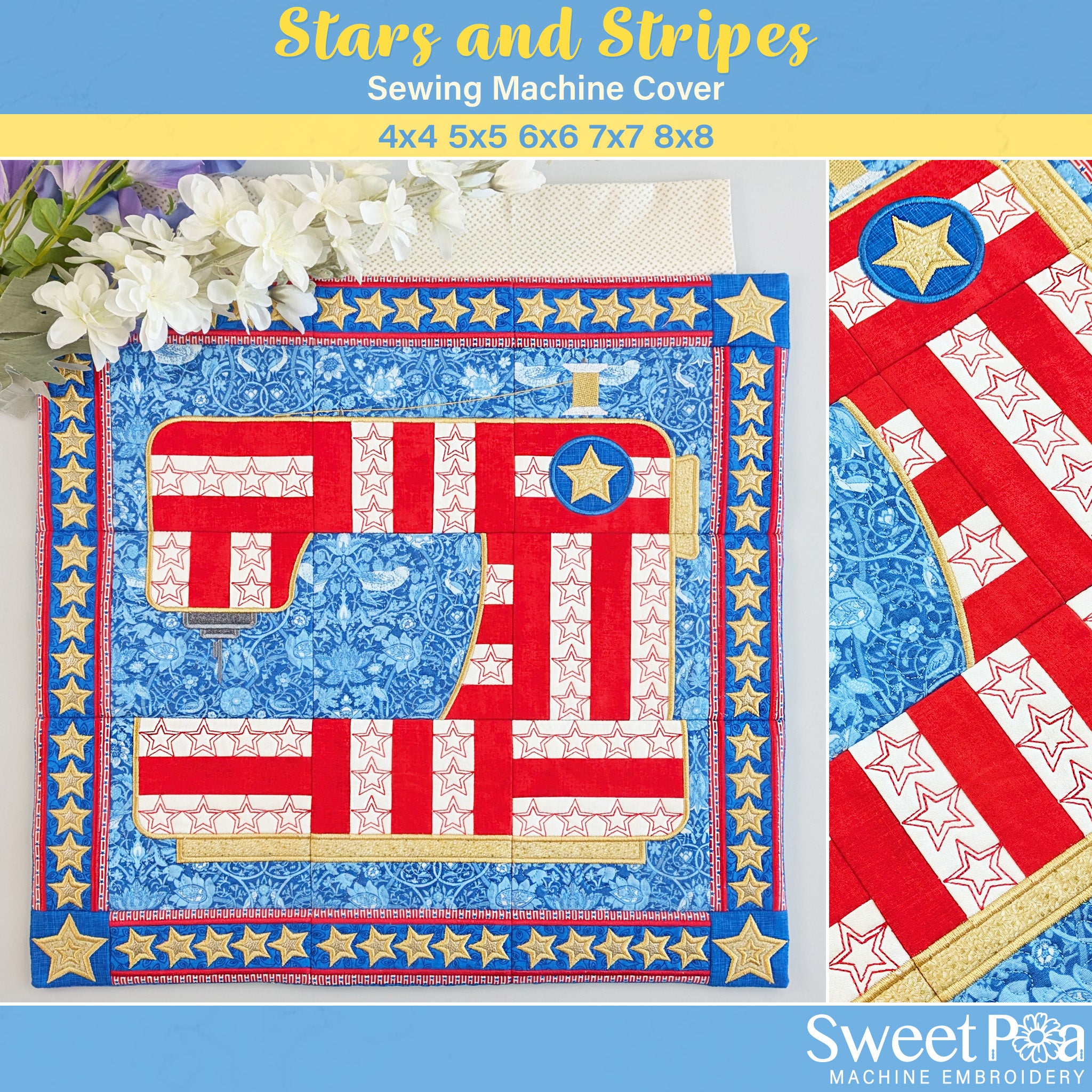 Stars and Stripes Sewing Machine Cover In the hoop machine embroidery designs