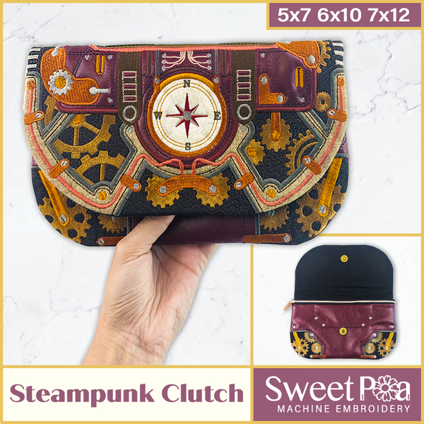 steampunk clutch sweet pea machine embroidery