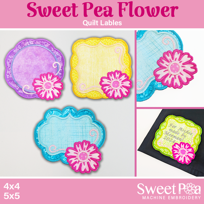 Sweet Pea Flower Quilt Labels 4x4 5x5 In The Hoop Design