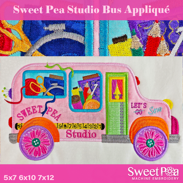 Sweet Pea Studio Bus Applique 5x7 6x10 7x12 - Sweet Pea In The Hoop Machine Embroidery Design