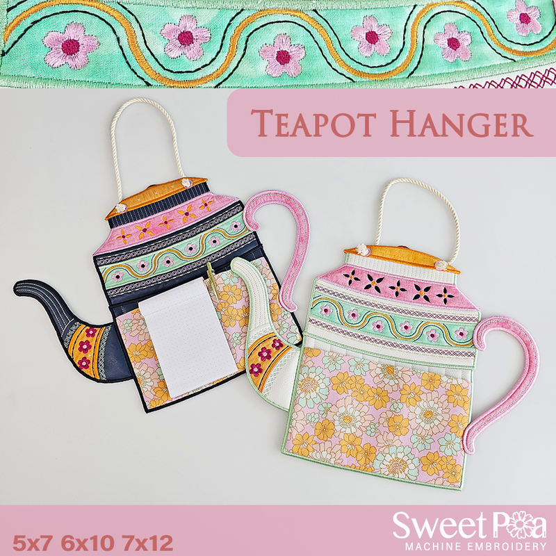 Teapot Hanger 5x7 6x10 7x12 - Sweet Pea In The Hoop Machine Embroidery Design