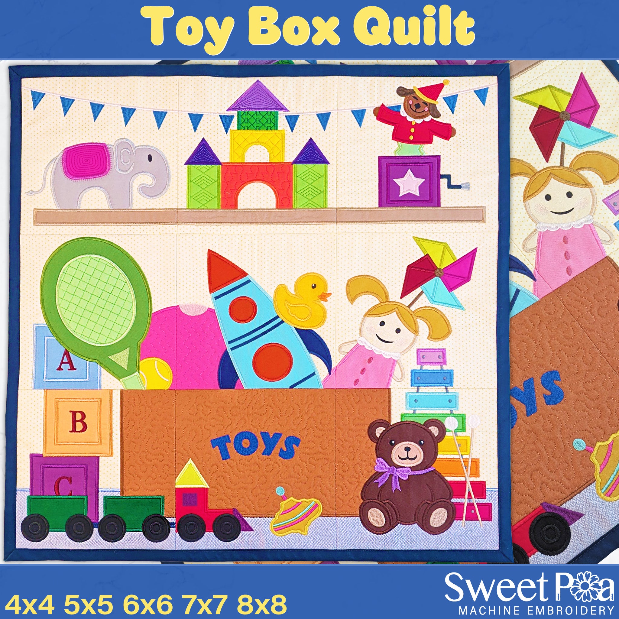 Toy Box Quilt In the hoop machine embroidery designs