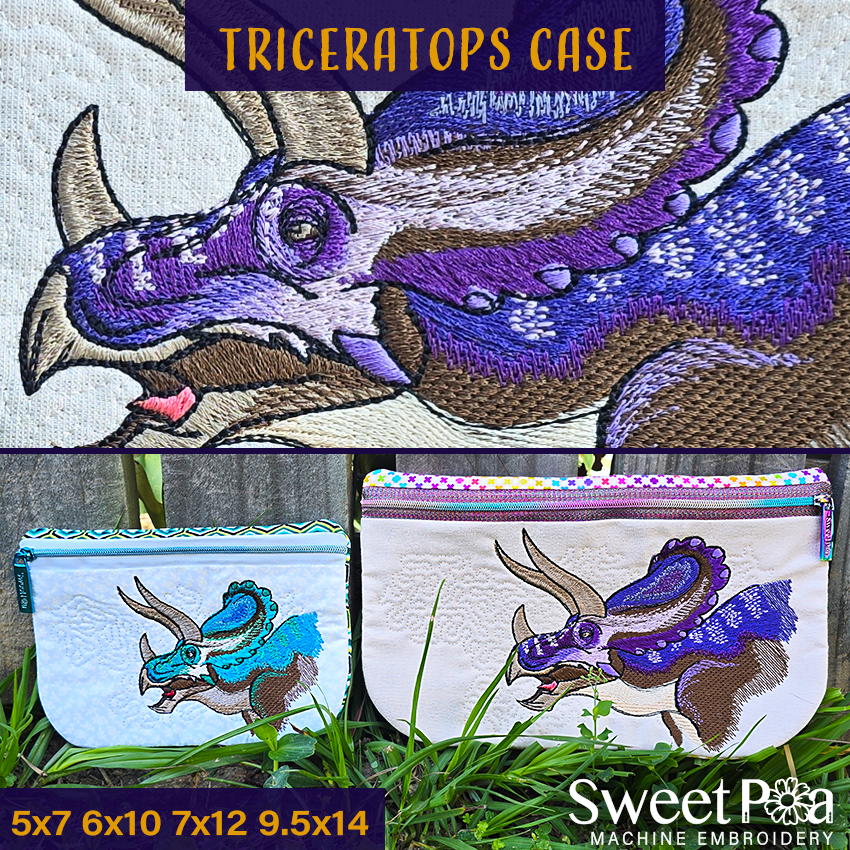 Embroidered triceratops design on fabric and pouches with 'Sweet Pea Machine Embroidery' branding.