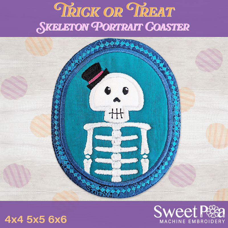 Trick or Treat Skeleton Portrait Coaster Made ITH