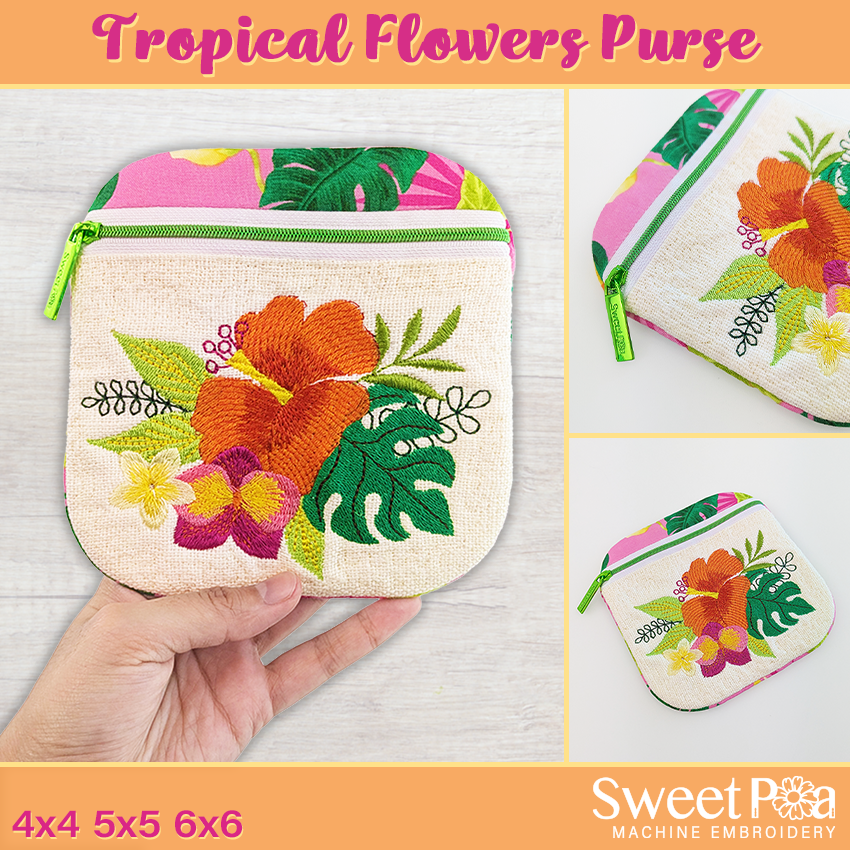 Tropical Flowers Purse 4x4 5x5 6x6 In The Hoop Design