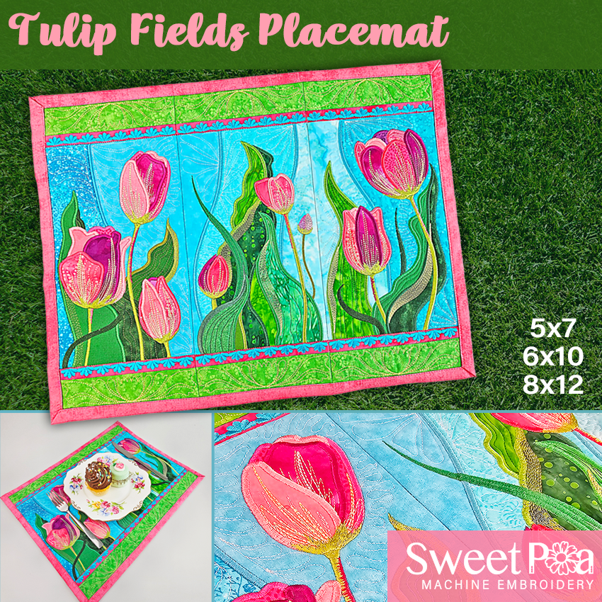 tulip fields placemat, placemat, flowers, spring flowers, dining, beautiful, pink, flowers, in the hoop, machine embroidery