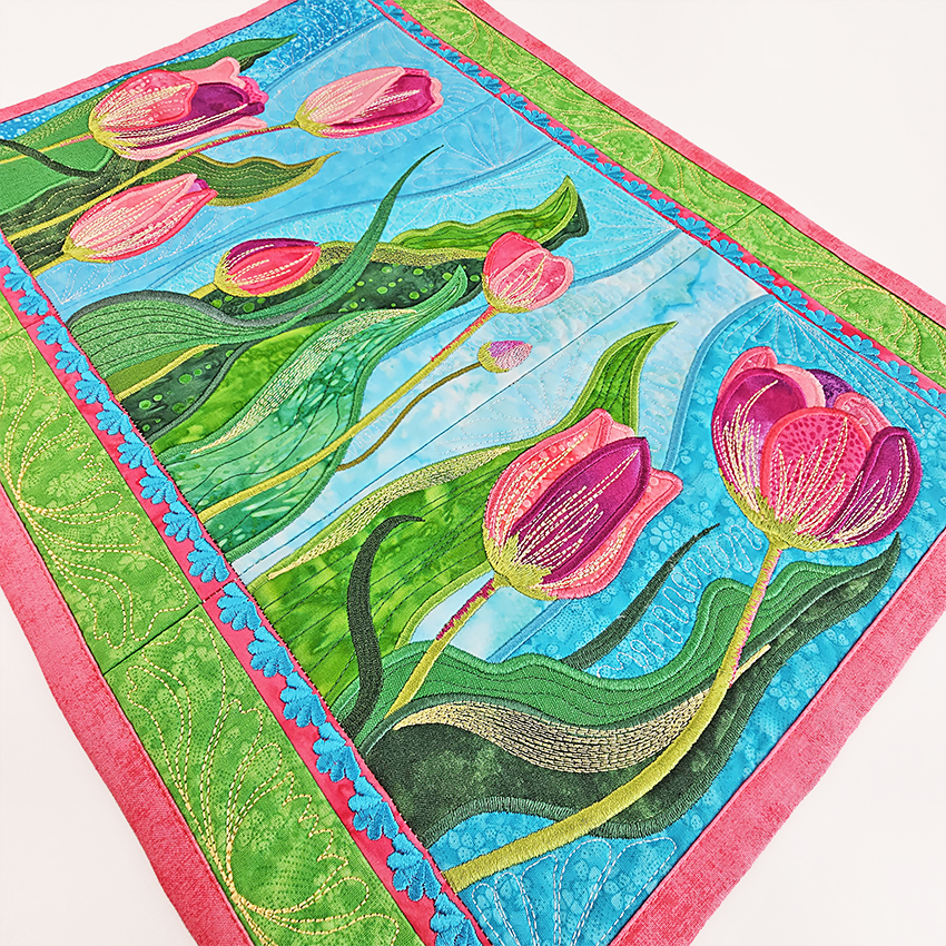 tulip fields placemat, placemat, flowers, spring flowers, dining, beautiful, pink, flowers, in the hoop, machine embroidery