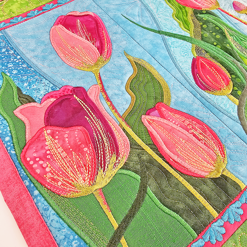 tulip fields placemat, placemat, flowers, spring flowers, dining, beautiful, pink, flowers, in the hoop, machine embroidery