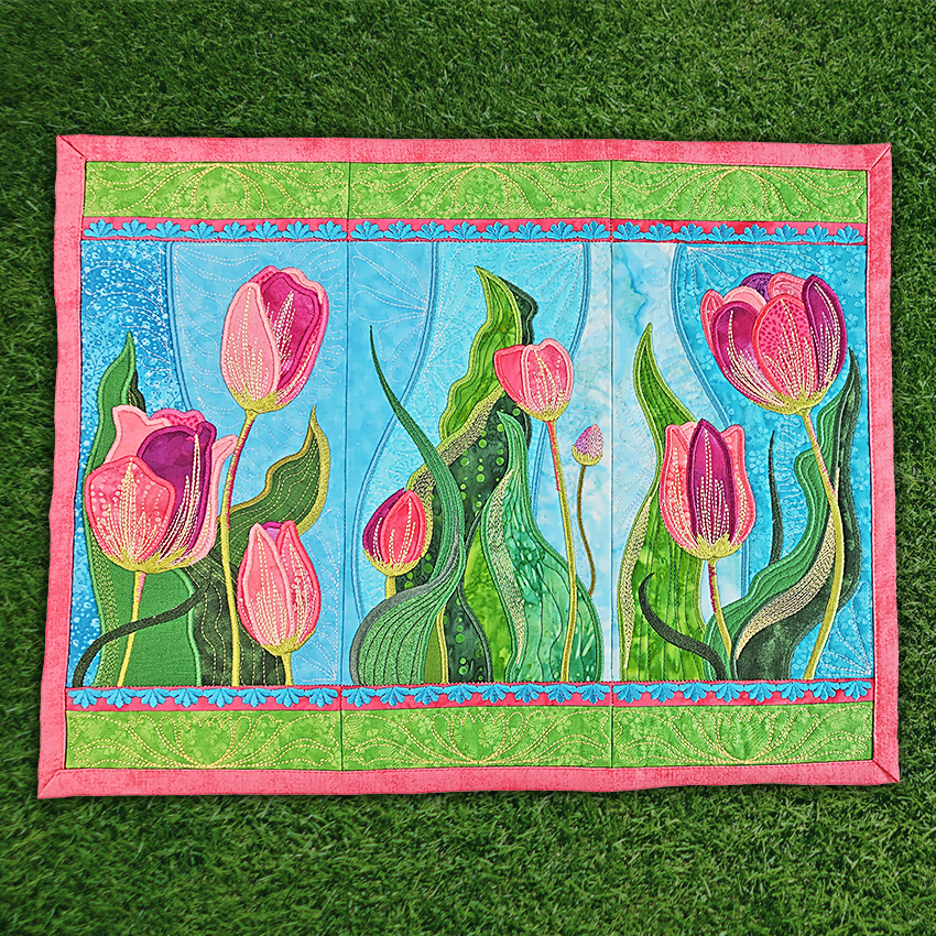 tulip fields placemat, placemat, flowers, spring flowers, dining, beautiful, pink, flowers, in the hoop, machine embroidery