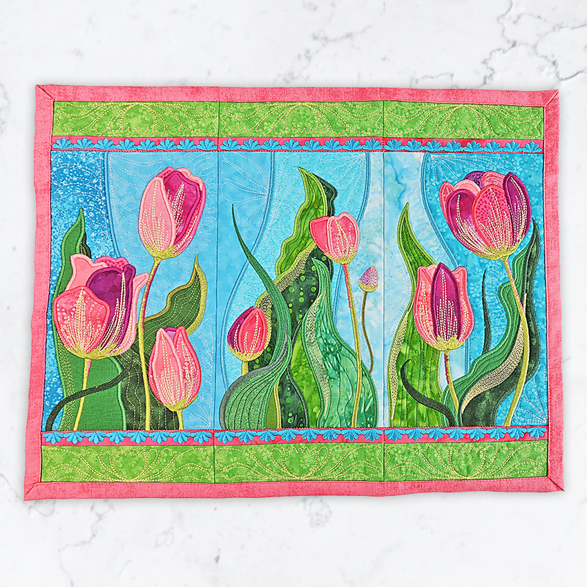 tulip fields placemat, placemat, flowers, spring flowers, dining, beautiful, pink, flowers, in the hoop, machine embroidery