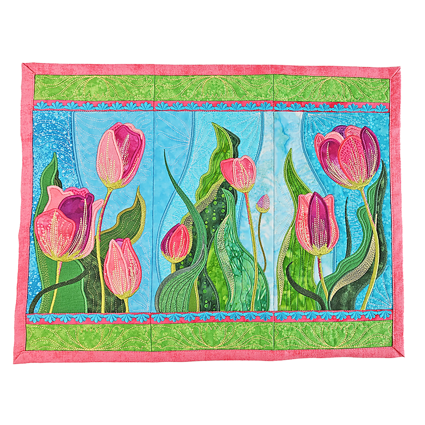 tulip fields placemat, placemat, flowers, spring flowers, dining, beautiful, pink, flowers, in the hoop, machine embroidery