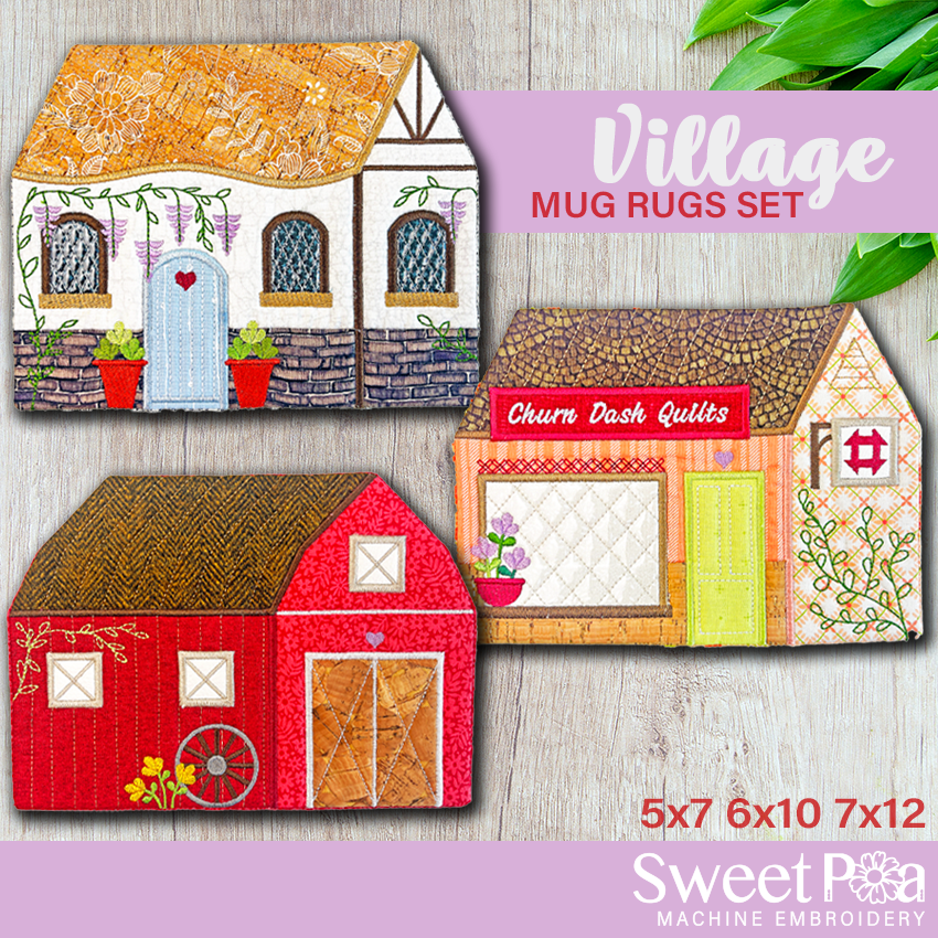 Village Mug Rug Set 5x7 6x10 7x12 In the hoop machine embroidery designs