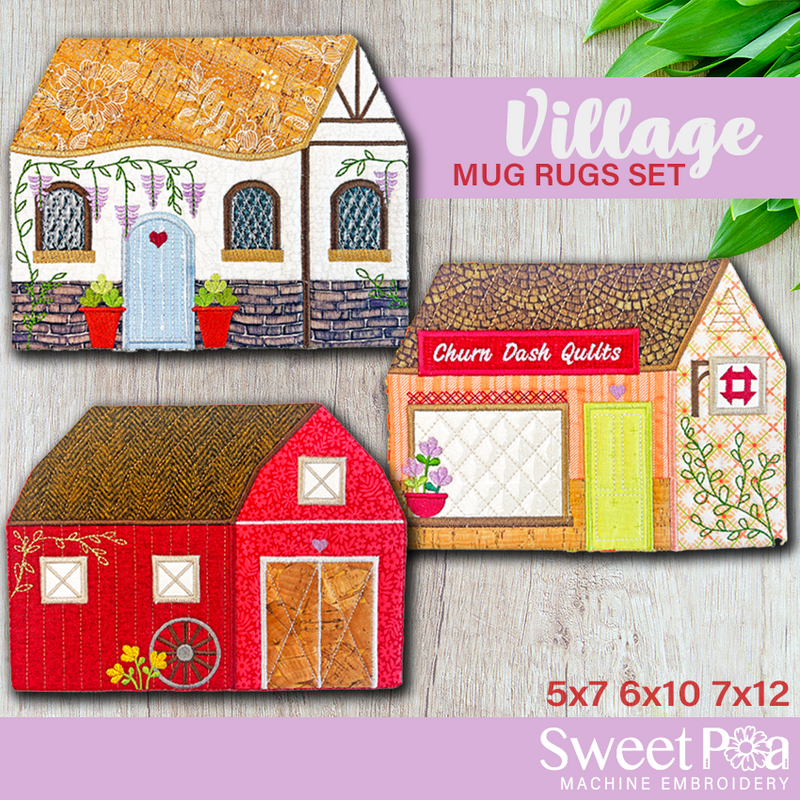 Village Mug Rug Set 5x7 6x10 7x12 - Sweet Pea In The Hoop Machine Embroidery Design